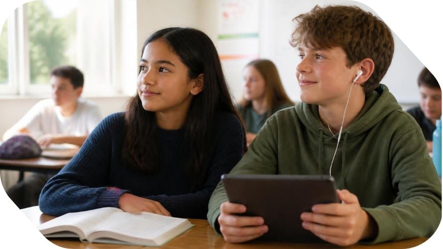 Young people in class, one holds an iPad and the other is using a book (AI generated)